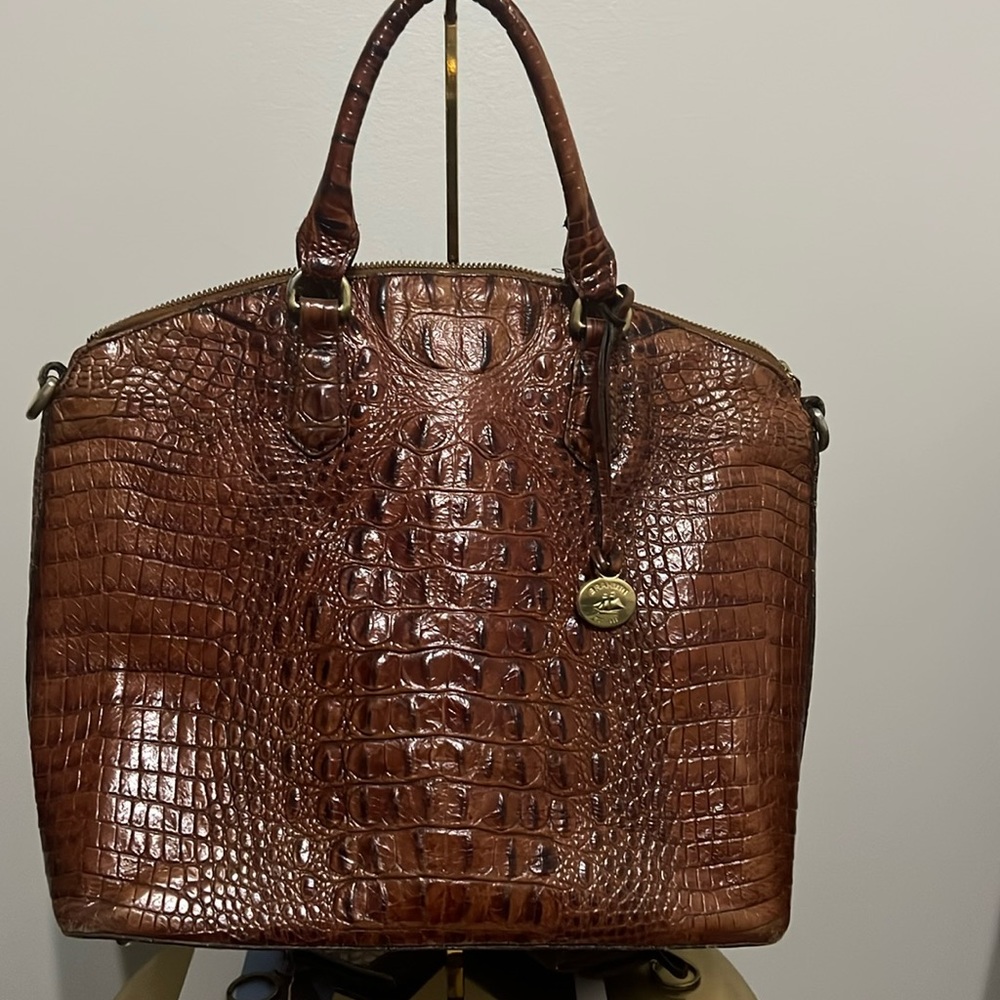 Brahmin, DUXBURY SATCHEL 
Pecan Melbourne, signature croc-embossed leather.